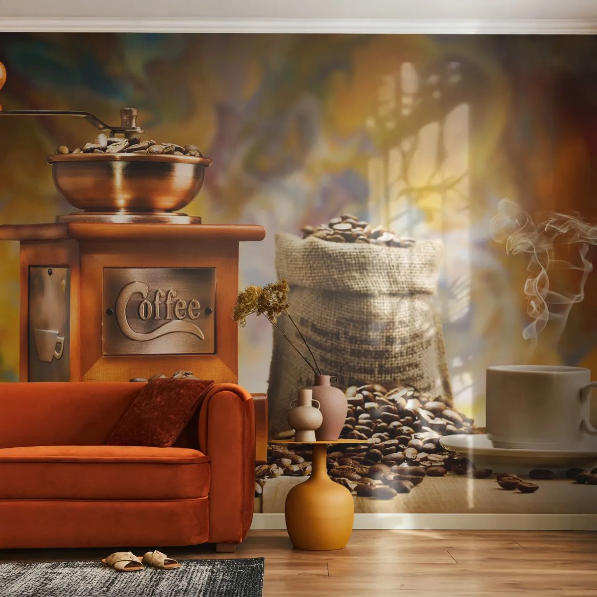 Fototapet Premium Canvas - Kornets knitren, møllens klirren - Gastronomi, Kaffe, Kaffekværn - 300x210 cm