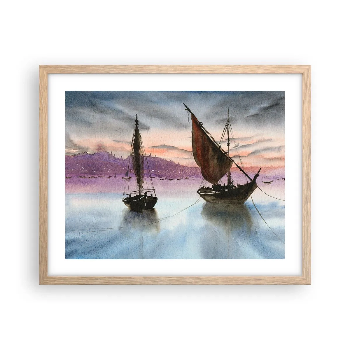 Plakat i ramme af lyst egetræ - Aften i havnen - 50x40 cm