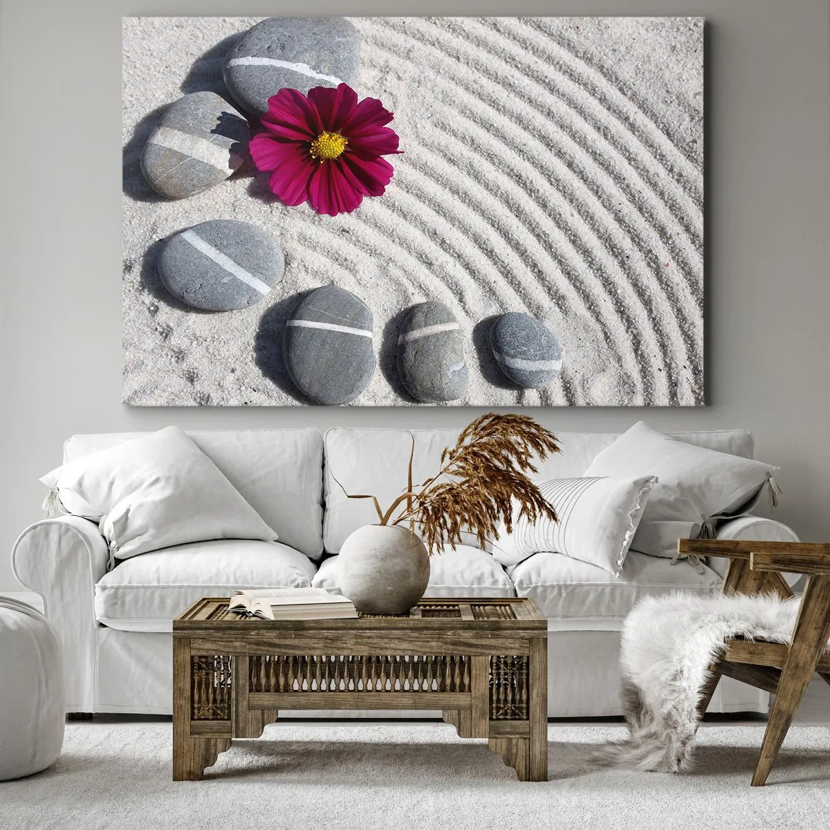 Lærredstryk - Billede på lærred - Sten og en lyserød blomst på sandet i zen-stil - 70x50cm - Energi og ro i den magiske naturcirkel - Moderne vægdekoration til stue og soveværelse ARTTOR
