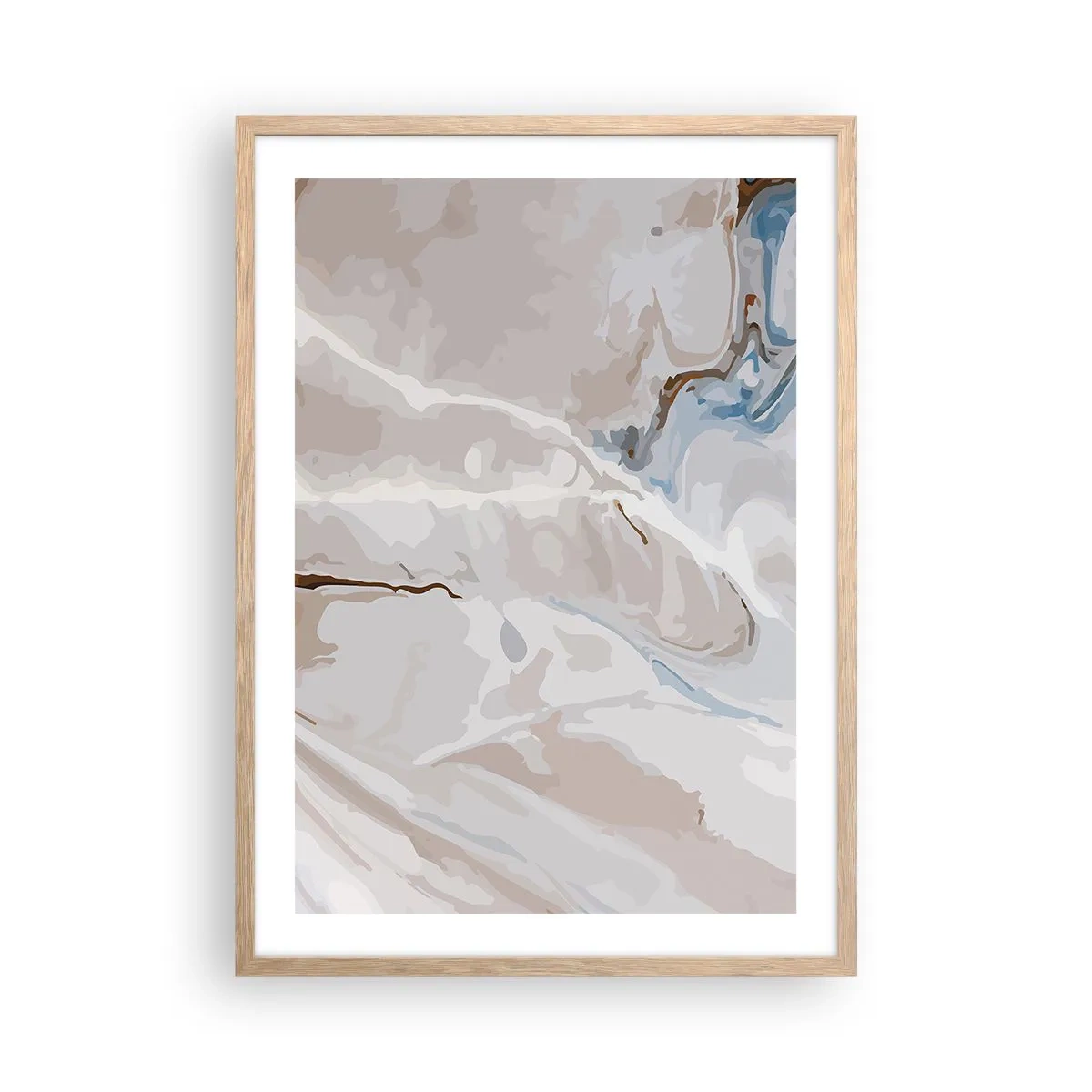 Plakat i ramme af lyst egetræ - Blå slynger sig under det hvide - 50x70 cm