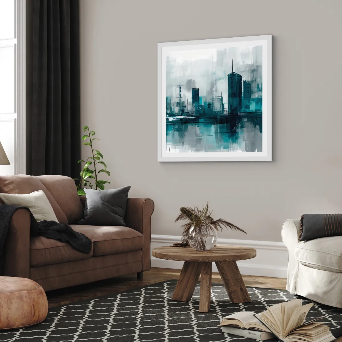 Plakat i hvid ramme - Regnfarvet by - 60x60 cm