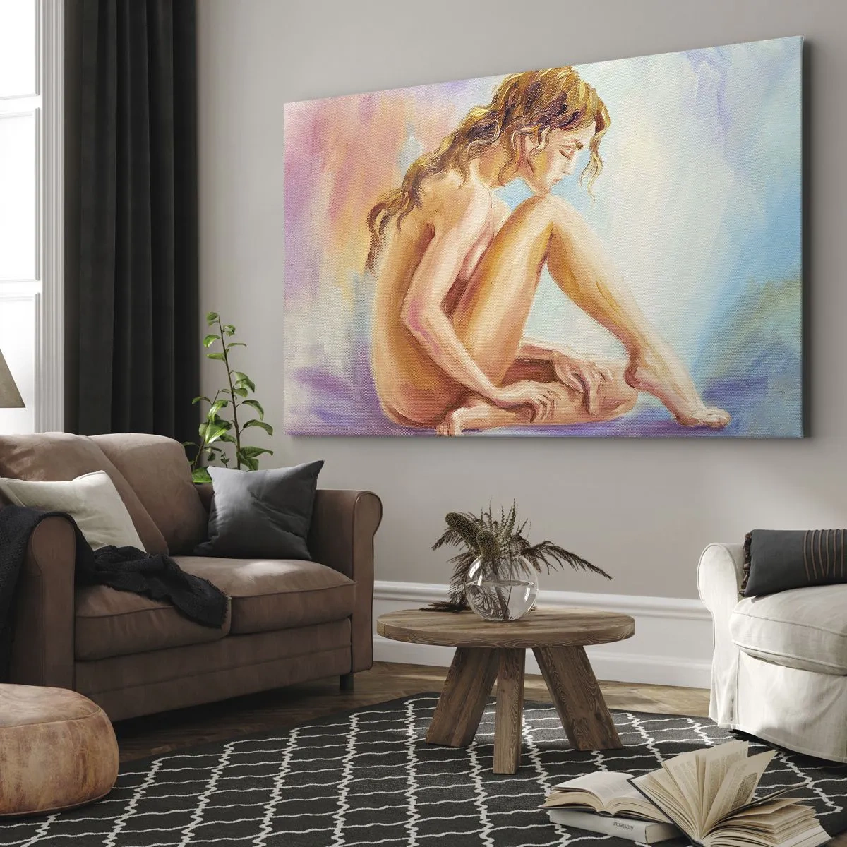 Lærredstryk - Billede på lærred - En delikat kvindefigur på en pastelfarvet baggrund - 70x50cm - Ungdomens handling - Moderne vægdekoration til stue og soveværelse ARTTOR