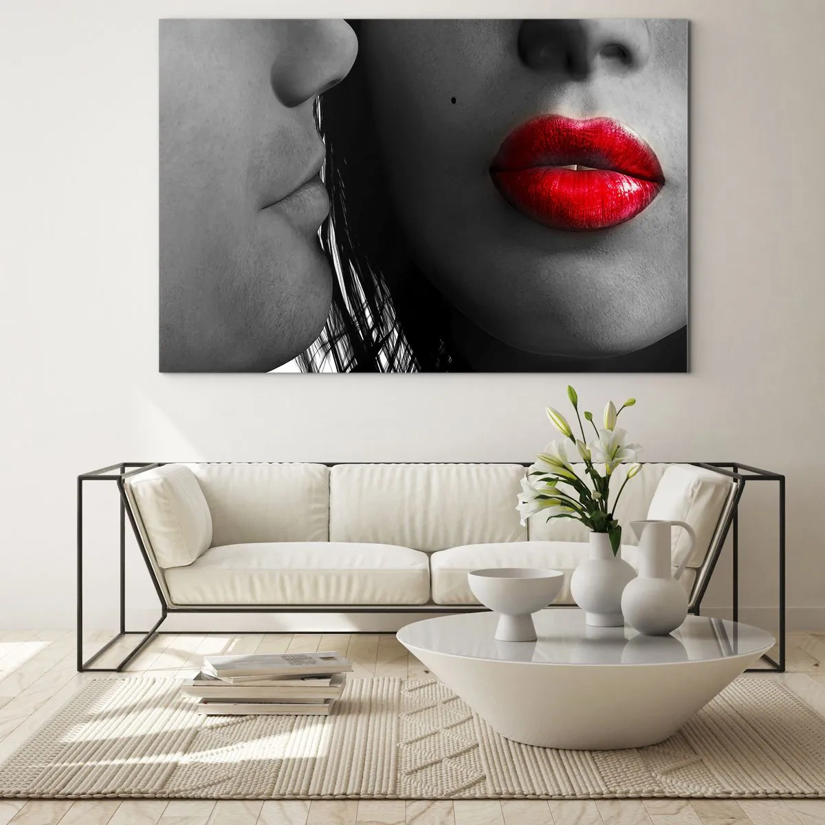 Billede på glas - Sensuelle læber i et kontrasterende billede - 70x50cm - Ansigt til ansigt - Moderne vægdekoration til stue og soveværelse ARTTOR