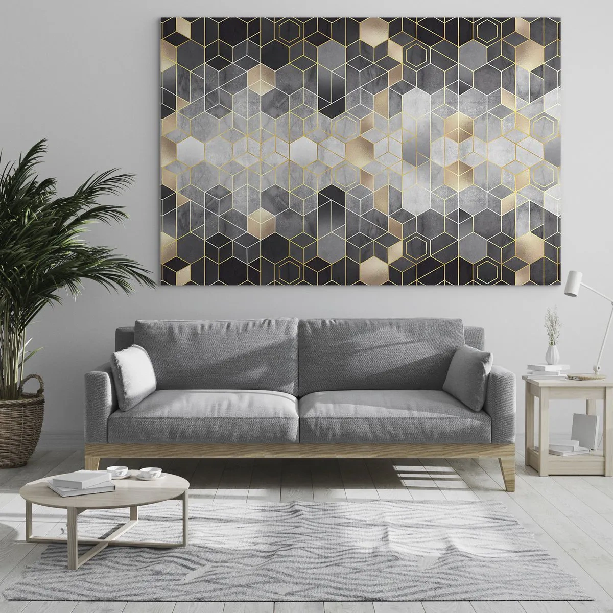 Billede på glas - Geometrisk mønster af sekskanter i gyldne linjer - 70x50cm - Sammensætning af diamanter - Moderne vægdekoration til stue og soveværelse ARTTOR
