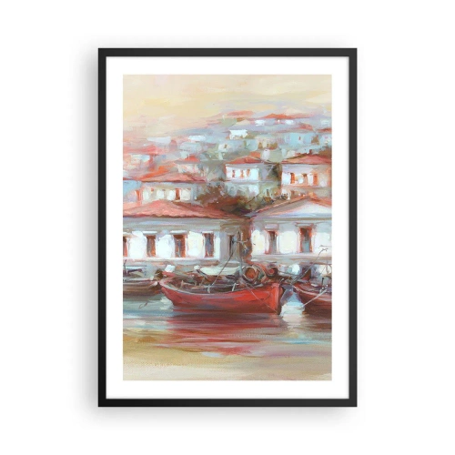 Plakat i sort ramme - En farverig by med både på kysten - 50x70cm - Lykkelig by - Moderne vægdekoration til stue og soveværelse ARTTOR