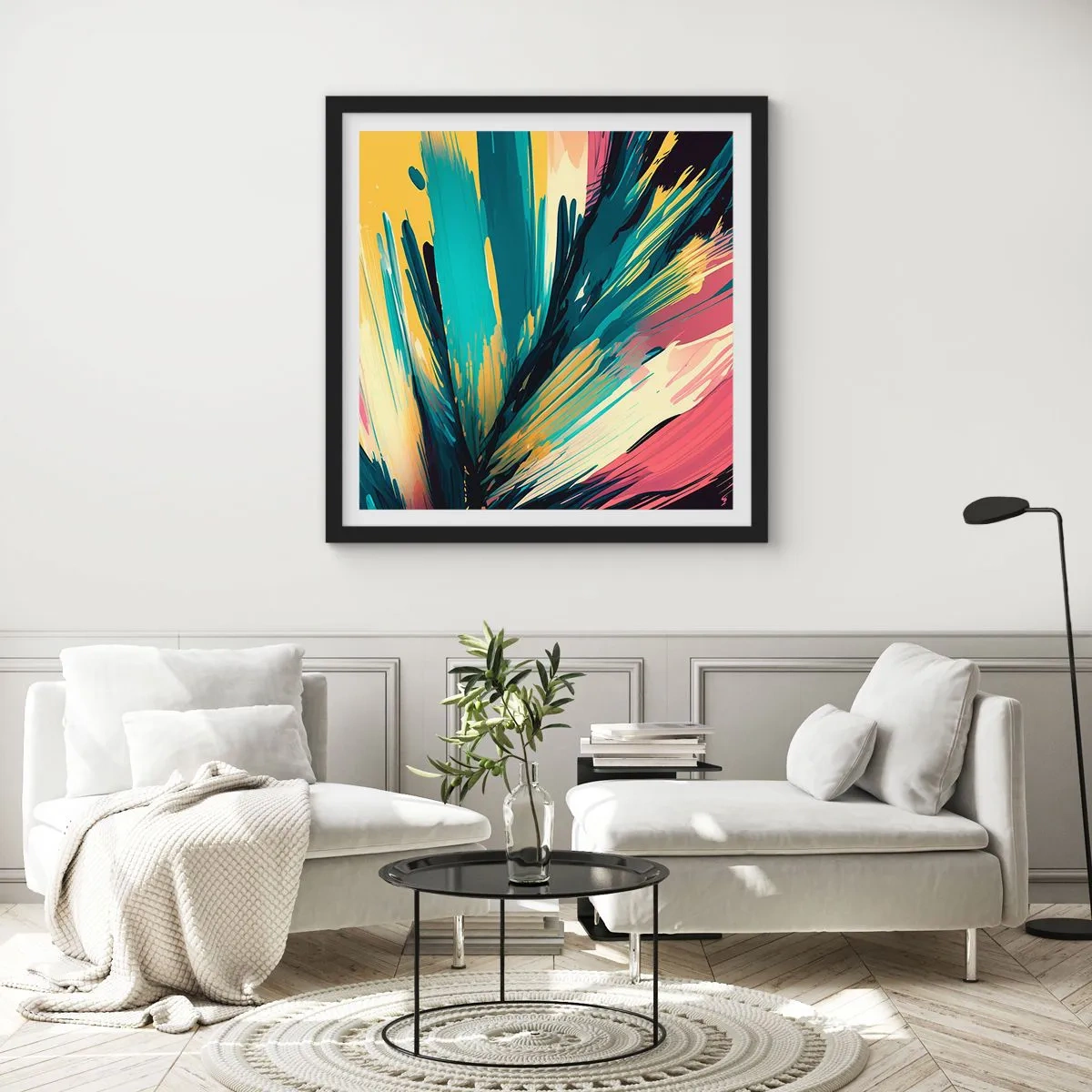 Plakat i sort ramme - Komposition - en eksplosion af glæde - 40x40 cm