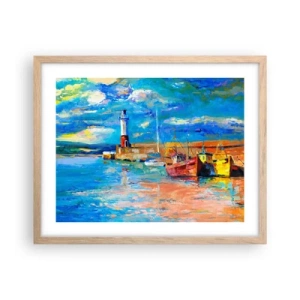 Plakat i ramme af lyst egetræ - Eftermiddag i regnbuebugten - 50x40 cm