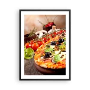 Plakat i sort ramme - Pizza med oliven og krydderurter med friske ingredienser - 50x70cm - Af tellurholdige bestanddele - Moderne vægdekoration til stue og soveværelse ARTTOR