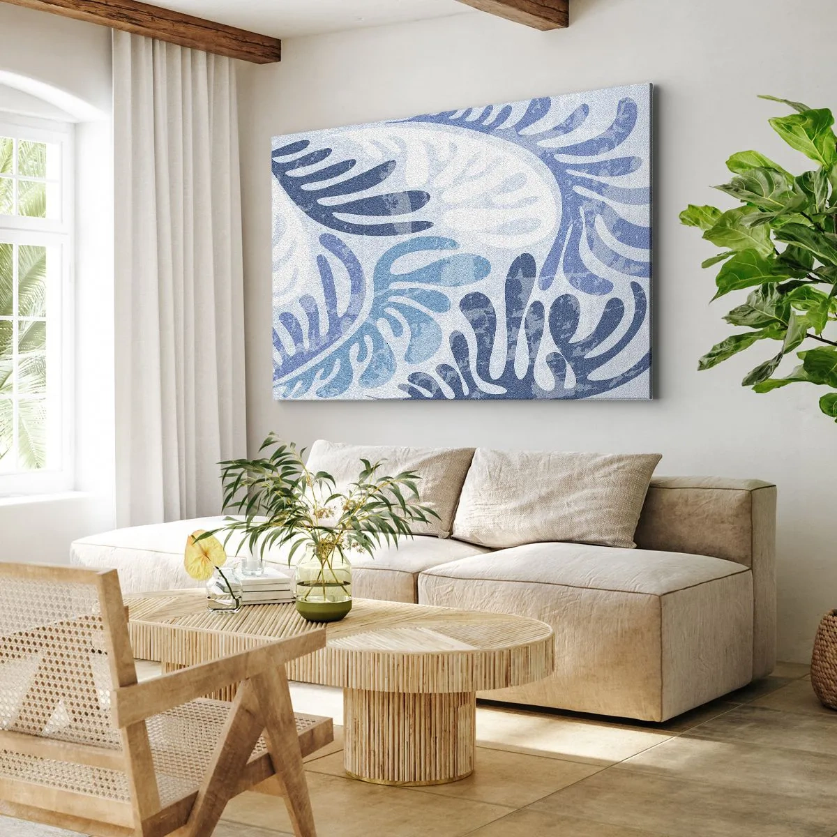 Lærredstryk - Billede på lærred - Abstrakte former i blå nuancer på en hvid baggrund - 70x50cm - Blå bregner - Moderne vægdekoration til stue og soveværelse ARTTOR