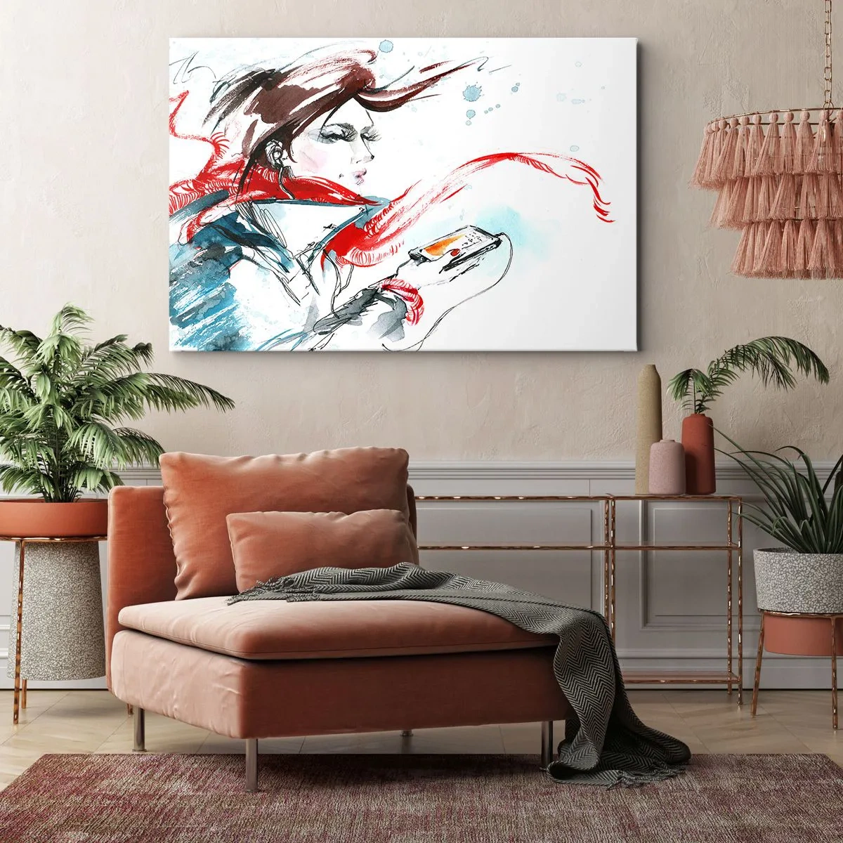 Lærredstryk - Billede på lærred - En kvinde i et rødt tørklæde med dynamiske akvarelstrøg - 70x50cm - Noget spiller inden i mig - Moderne vægdekoration til stue og soveværelse ARTTOR