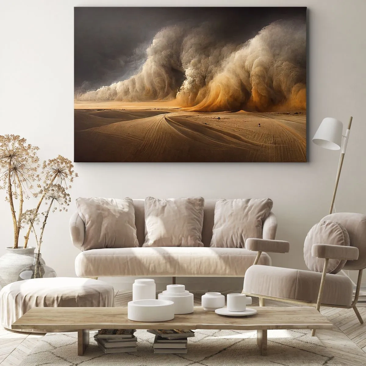 Lærredstryk - Billede på lærred - Imponerende sandstorm i ørkenen - 70x50cm - Ørkenens vrede - Moderne vægdekoration til stue og soveværelse ARTTOR