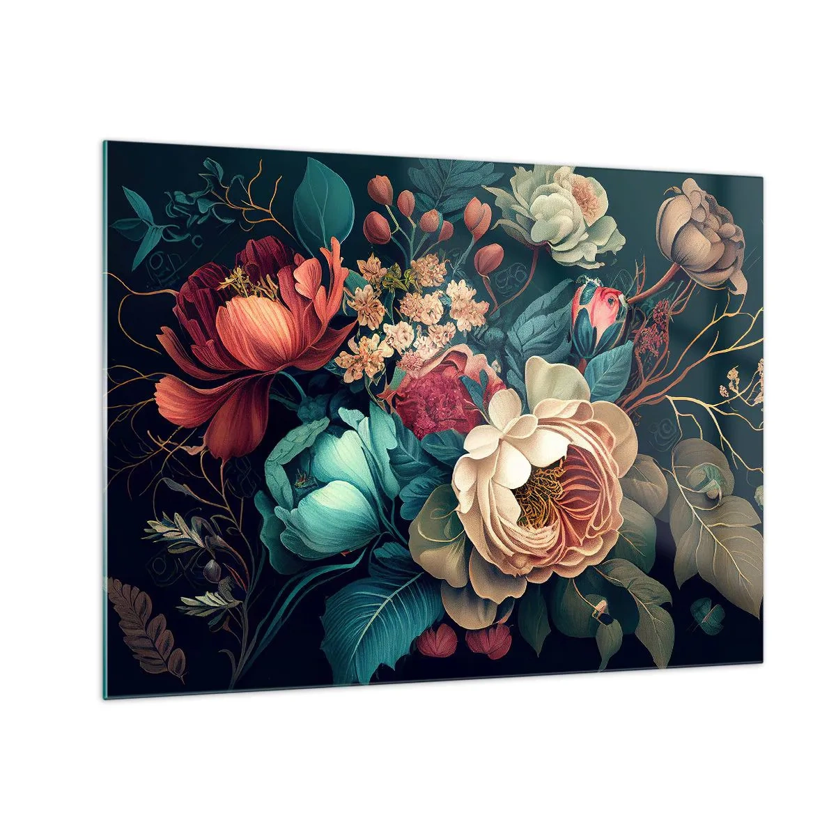 Billede på glas - Vintage blomsterbuket på en mørk baggrund - 70x50cm - Charme fra det 19. århundrede - Moderne vægdekoration til stue og soveværelse ARTTOR