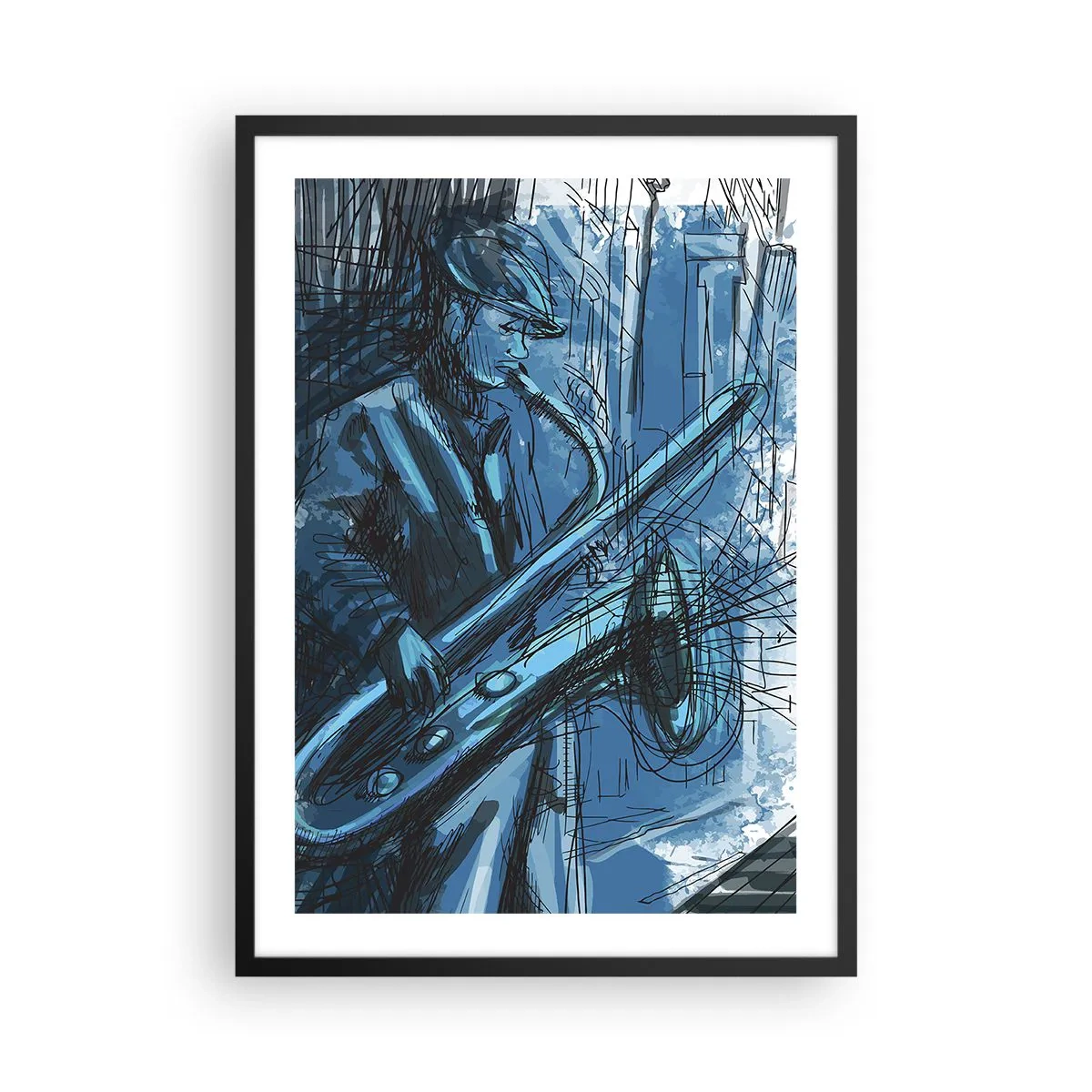 Plakat i sort ramme - Kunstnerisk skitse af en musiker, der spiller saxofon - 50x70cm - Byens rapsodi - Moderne vægdekoration til stue og soveværelse ARTTOR