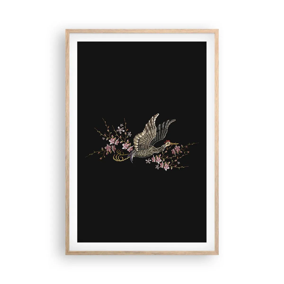 Plakat i ramme af lyst egetræ - Eksotisk broderet fugl - 61x91 cm