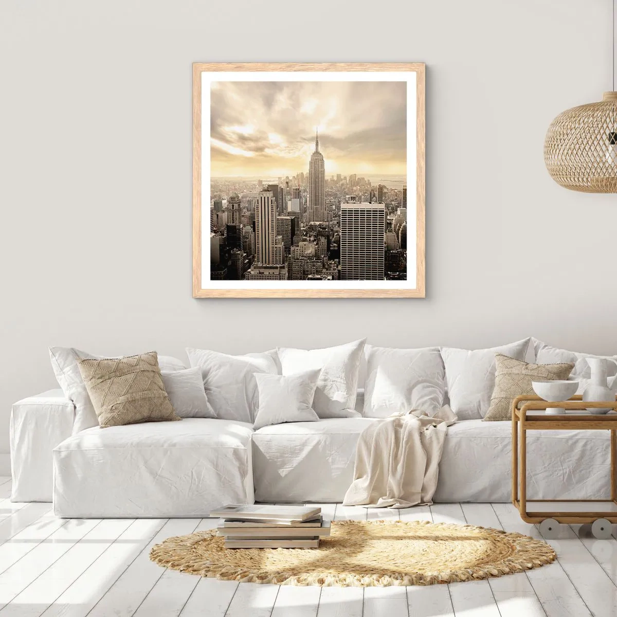 Plakat i ramme af lyst egetræ - New York vævet af grå - 60x60 cm