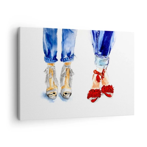 Lærredstryk - Billede på lærred - Illustration af to par sko i stilfulde sandaler og jeans - 70x50cm - Hvorfor går vi ikke en tur? - Moderne vægdekoration til stue og soveværelse ARTTOR