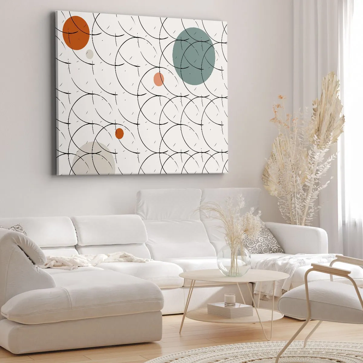 Lærredstryk - Billede på lærred - Geometrisk mønster med farverige cirkler på en lys baggrund - 70x50cm - I popkunstens ånd - Moderne vægdekoration til stue og soveværelse ARTTOR