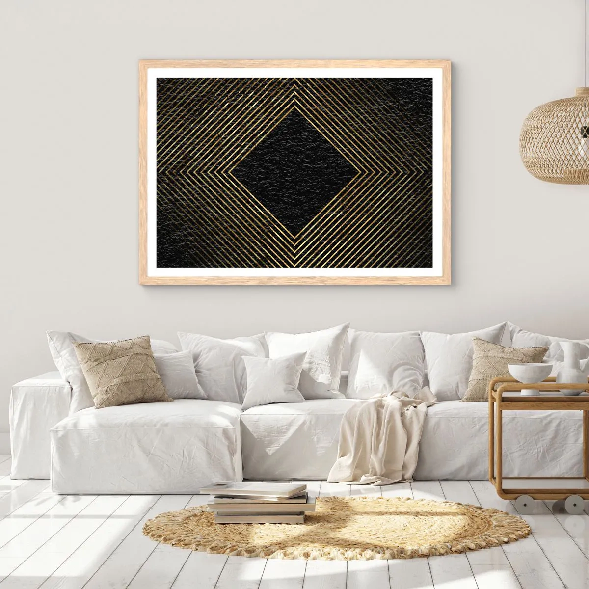 Plakat i ramme af lyst egetræ - Geometri i glamour-stil - 70x50 cm