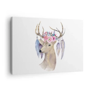 Lærredstryk - Billede på lærred - Romantisk hjortegrafik med blomster og fjer - 70x50cm - Sjælsguide - blid, uskyldig - Moderne vægdekoration til stue og soveværelse ARTTOR