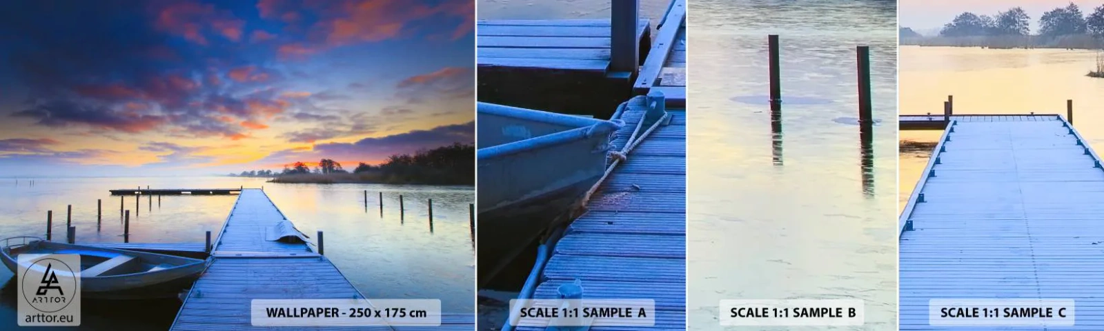 Fototapet Prøve Standard Eco - Violet-gylden sindsro - Landskab, Sø, Båd - 100x30 cm