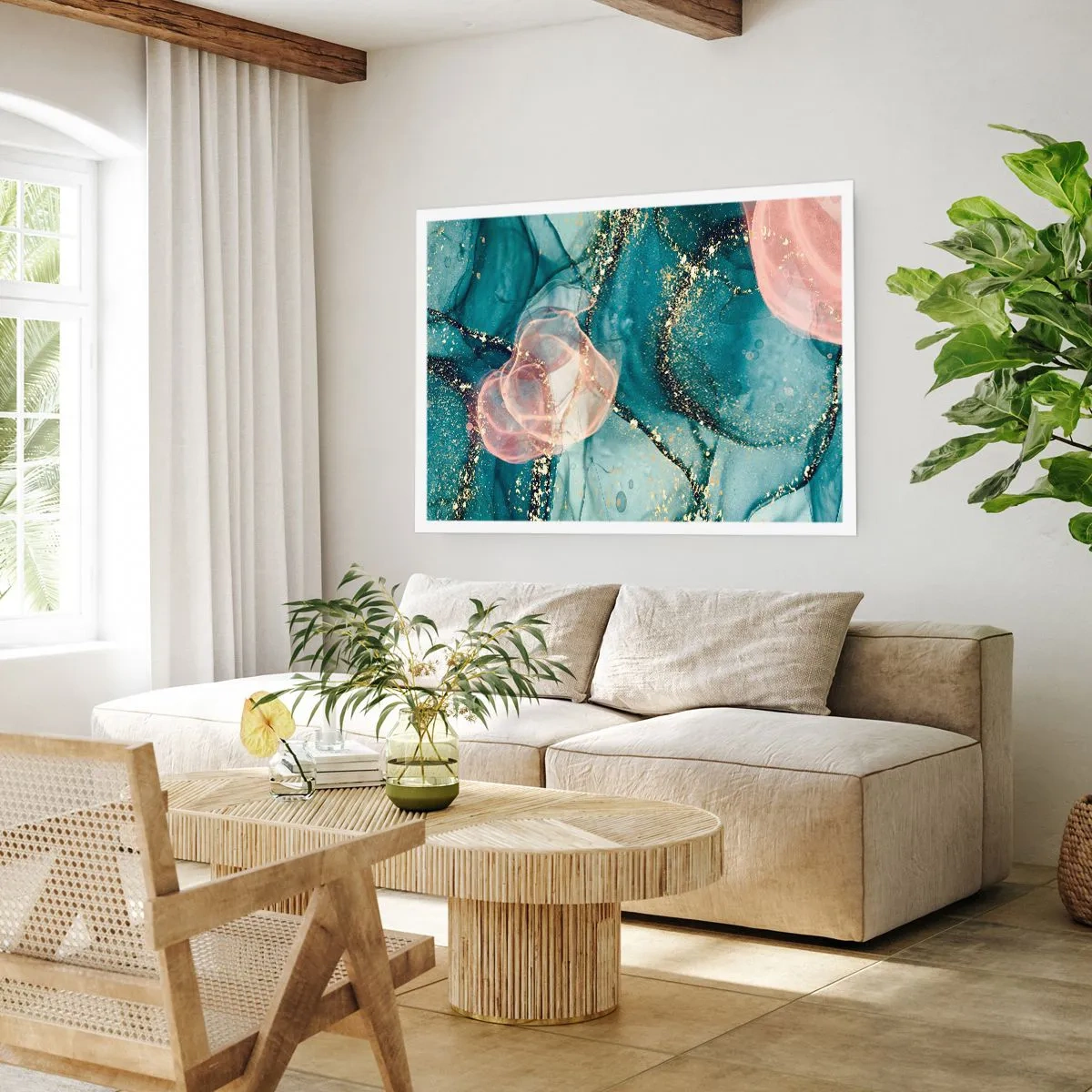 Plakat - Silkeblå, tyl lyserød - 100x70 cm