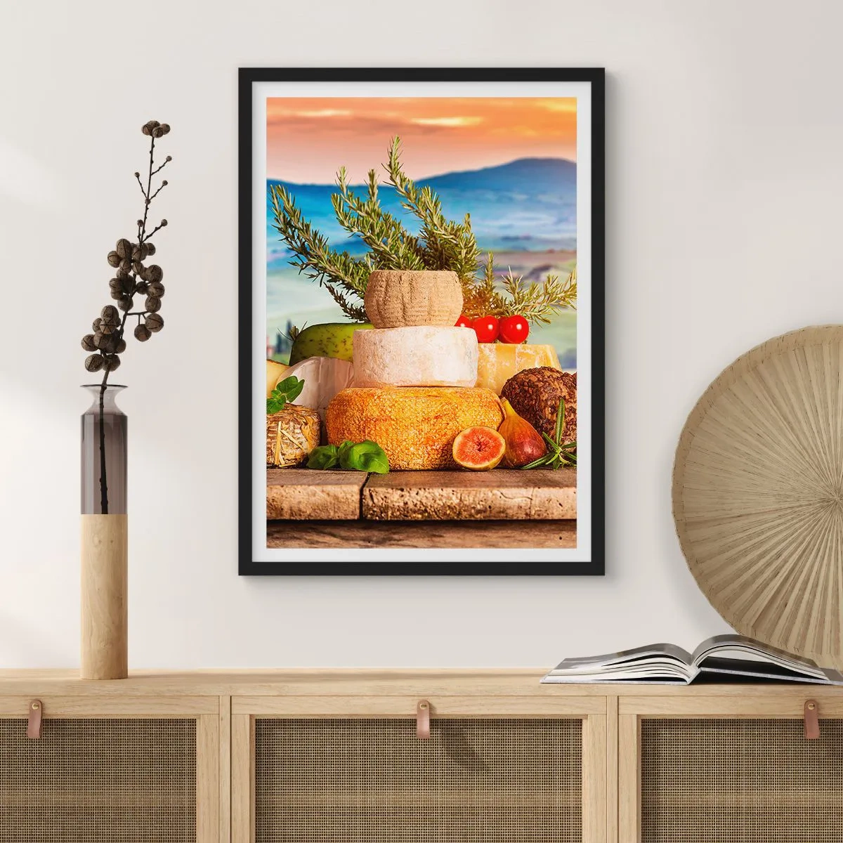 Plakat i sort ramme - Rustik stak oste mod en landskabsbaggrund - 50x70cm - Italiensk livsglæde - Moderne vægdekoration til stue og soveværelse ARTTOR