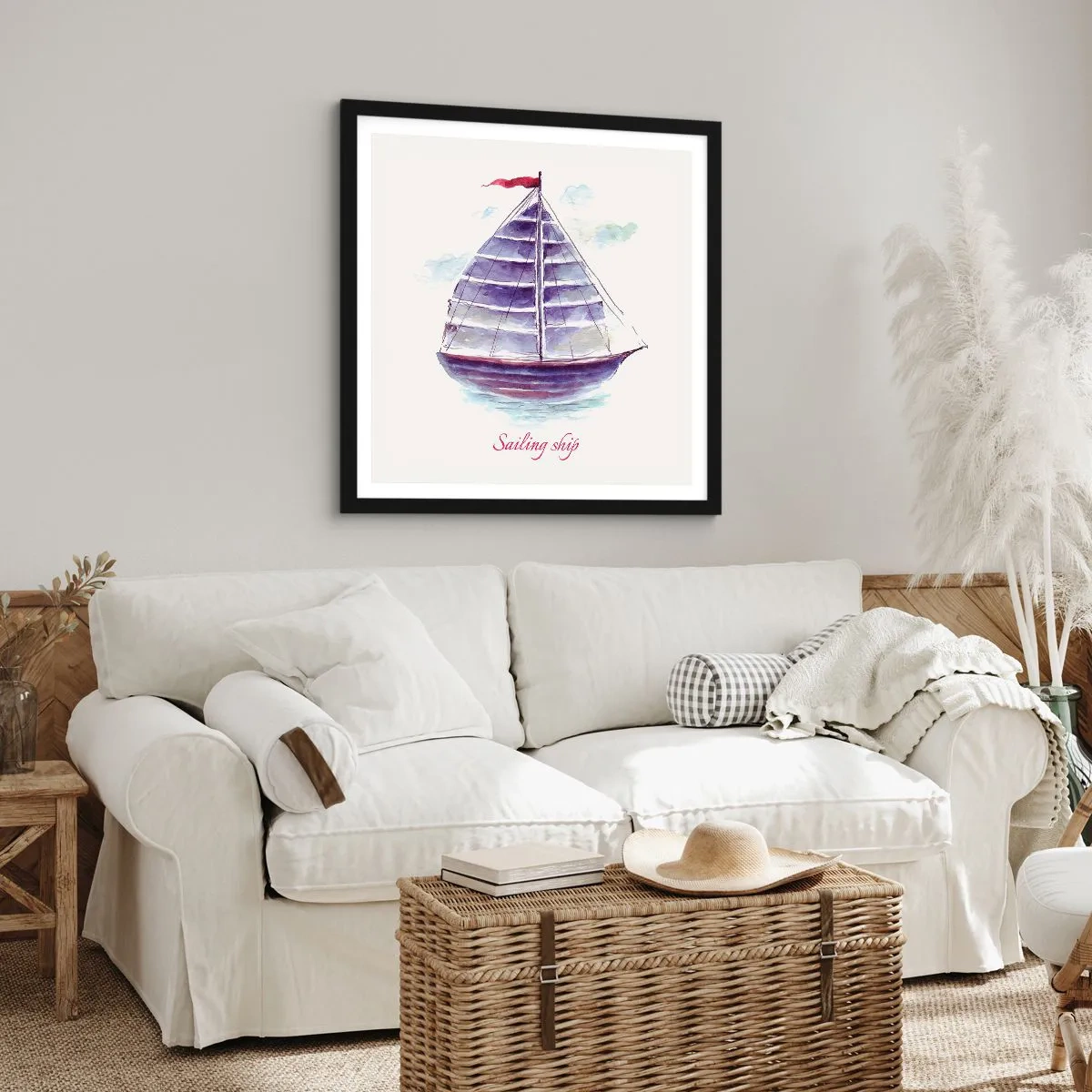 Plakat i sort ramme - Fulde sejl og roligt vand - 40x40 cm