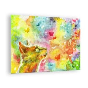 Billede på glas - En kat observerer farverige sommerfugle med en pastelfarvet baggrund. - 70x50cm - Kattens høje himmel - Moderne vægdekoration til stue og soveværelse ARTTOR