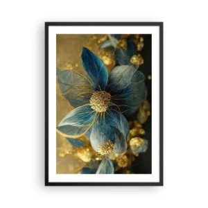 Plakat i sort ramme - Guld- og marineblå blomster i en elegant komposition - 50x70cm - Blomstre med guld - Moderne vægdekoration til stue og soveværelse ARTTOR