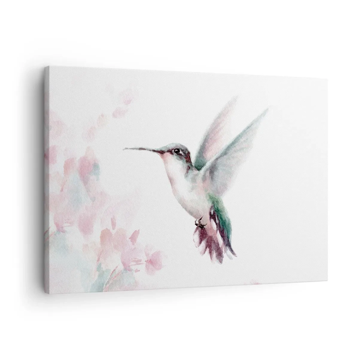 Lærredstryk - Billede på lærred - En kolibri i sarte pastelfarver mod en baggrund af blomster - 70x50cm - Stoppet i flagren - Moderne vægdekoration til stue og soveværelse ARTTOR