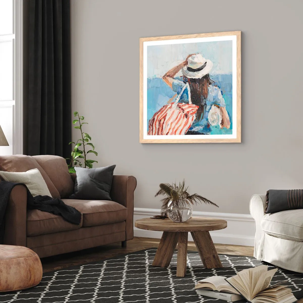 Plakat i ramme af lyst egetræ - Velkommen på ferie - 60x60 cm