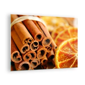 Billede på glas - Nærbillede af kanelstænger og tørrede appelsinskiver - 70x50cm - Kan du lugte deres duft? - Moderne vægdekoration til stue og soveværelse ARTTOR