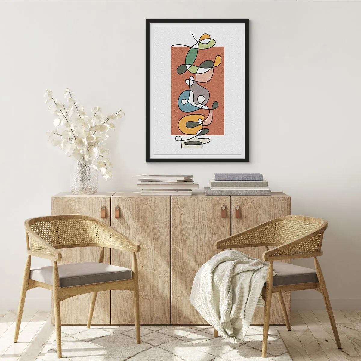 Plakat i sort ramme - Abstrakt geometrisk komposition med organiske linjer - 50x70cm - Abstraktion: et farverigt virvar - Moderne vægdekoration til stue og soveværelse ARTTOR