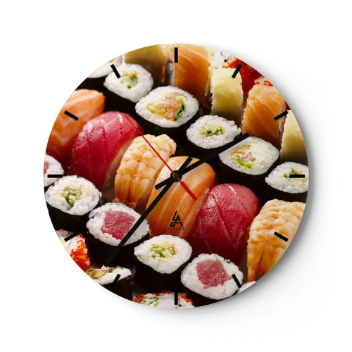 Vægur, Uret - Nærbillede af farverig sushi i forskellige typer - 30x30cm - Asiens farver og smag - Moderne vægdekoration til stue, køkken og soveværelse ARTTOR