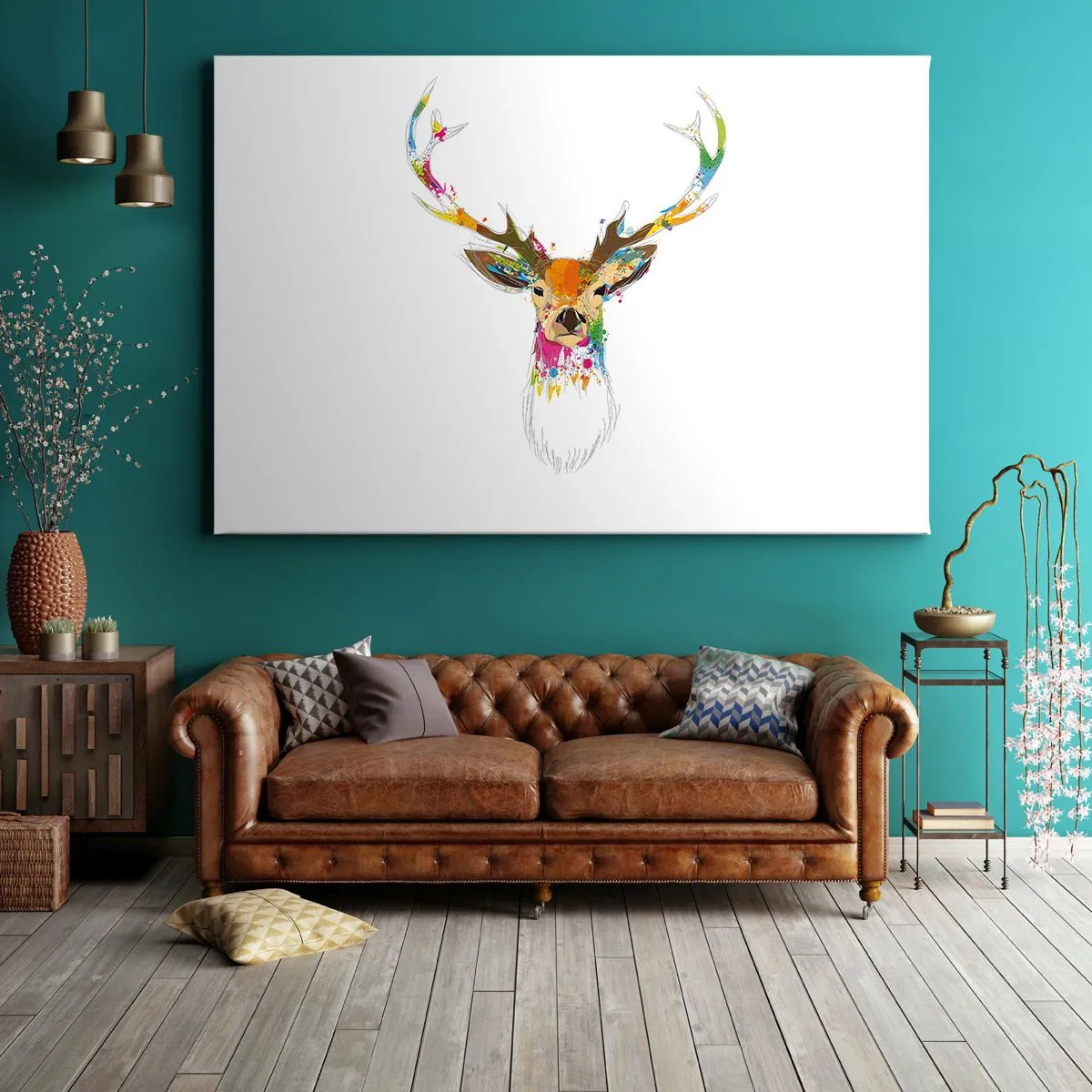 Lærredstryk - Billede på lærred - Farverigt hjortehoved i kunstnerisk stil - 70x50cm - Blid kronhjort badet i farver - Moderne vægdekoration til stue og soveværelse ARTTOR