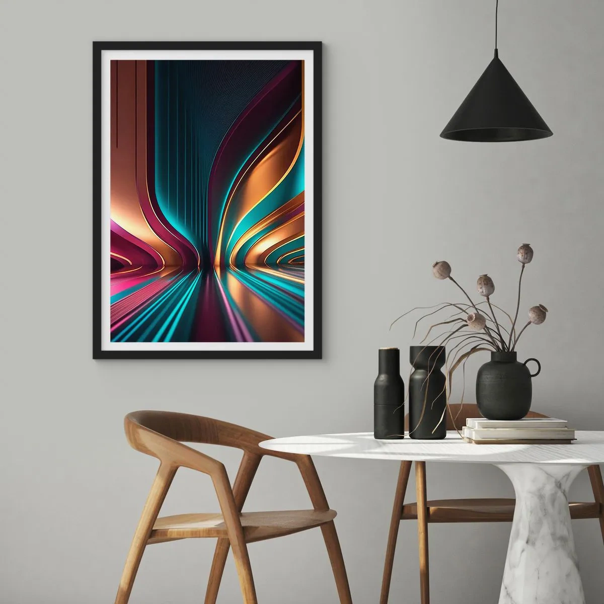 Plakat i sort ramme - Futuristisk abstraktion i guld- og turkisfarver - 50x70cm - Lysets arkitektur - Moderne vægdekoration til stue og soveværelse ARTTOR