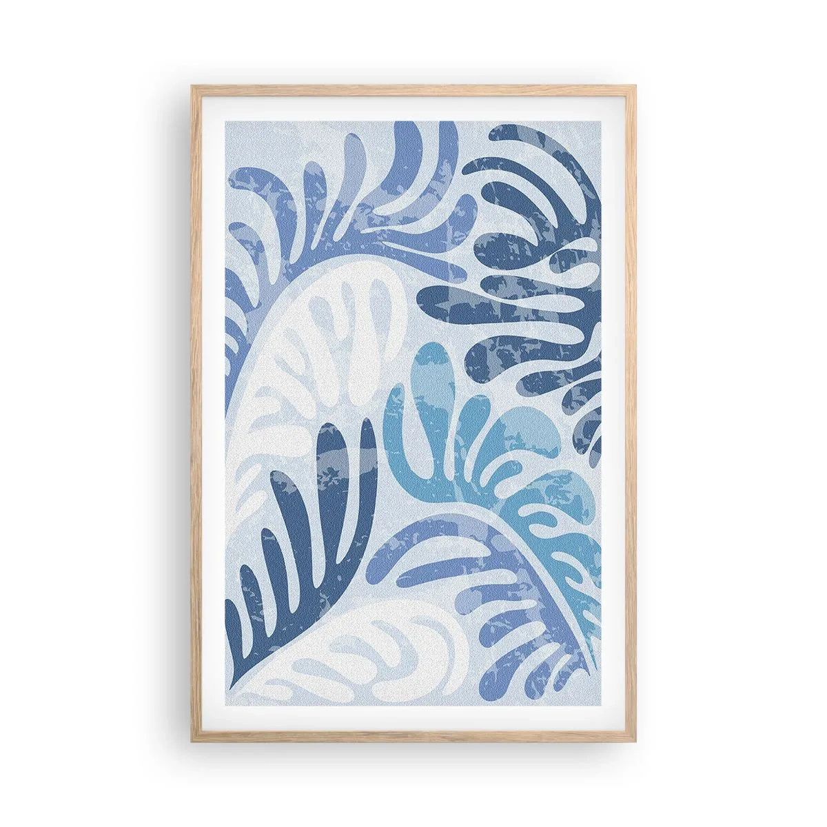 Plakat i ramme af lyst egetræ - Blå bregner - 61x91 cm