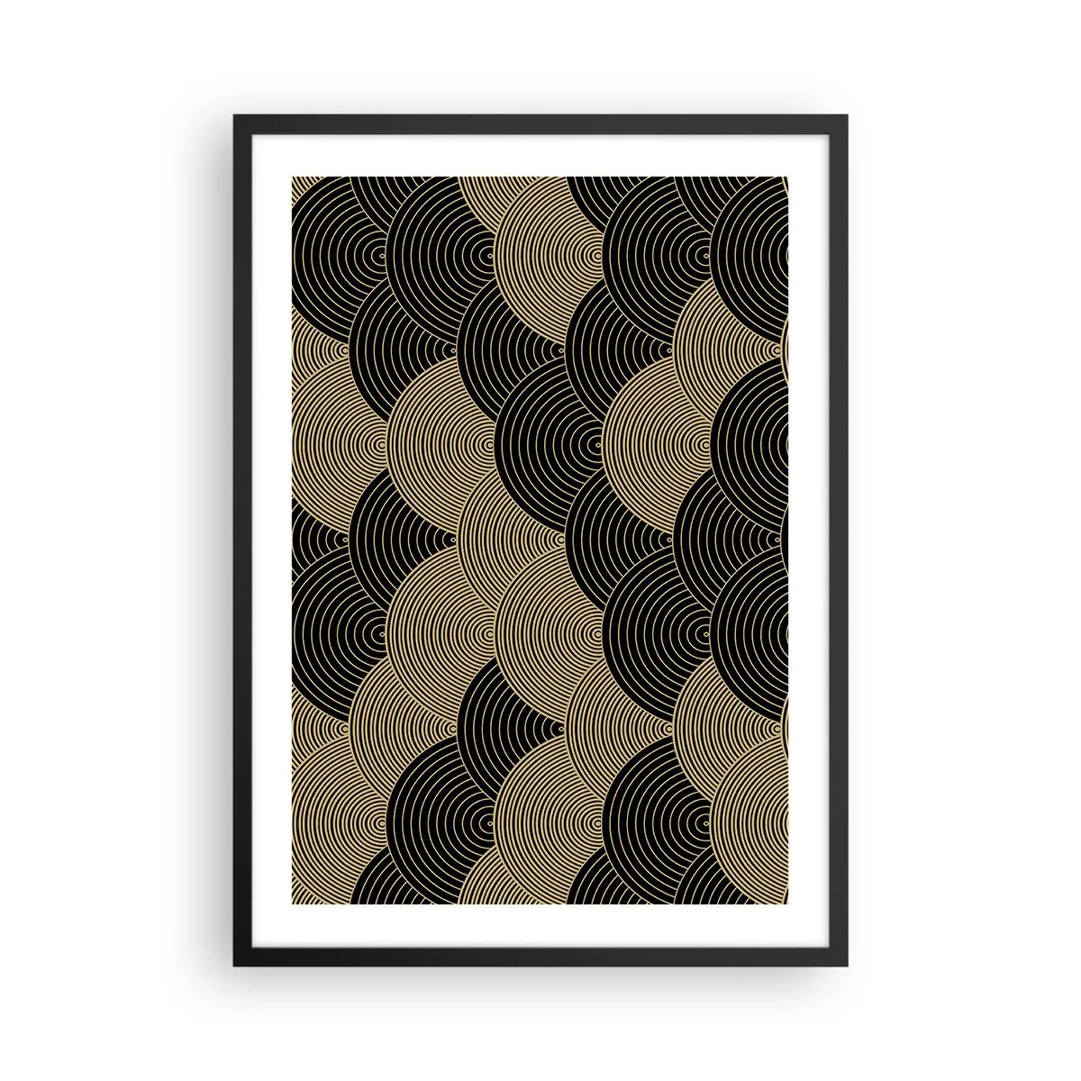 Plakat i sort ramme - Abstrakt mønster i sorte og gyldne cirkler - 50x70cm - Enhed i mangfoldighed - Moderne vægdekoration til stue og soveværelse ARTTOR