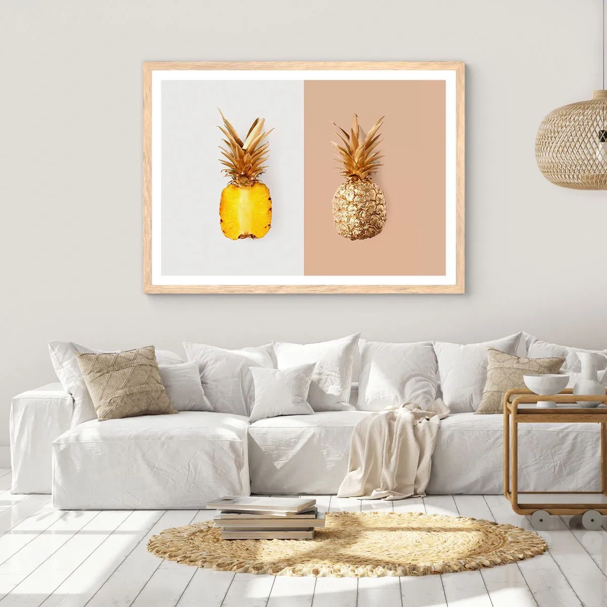 Plakat i ramme af lyst egetræ - Ananas til os - 100x70 cm