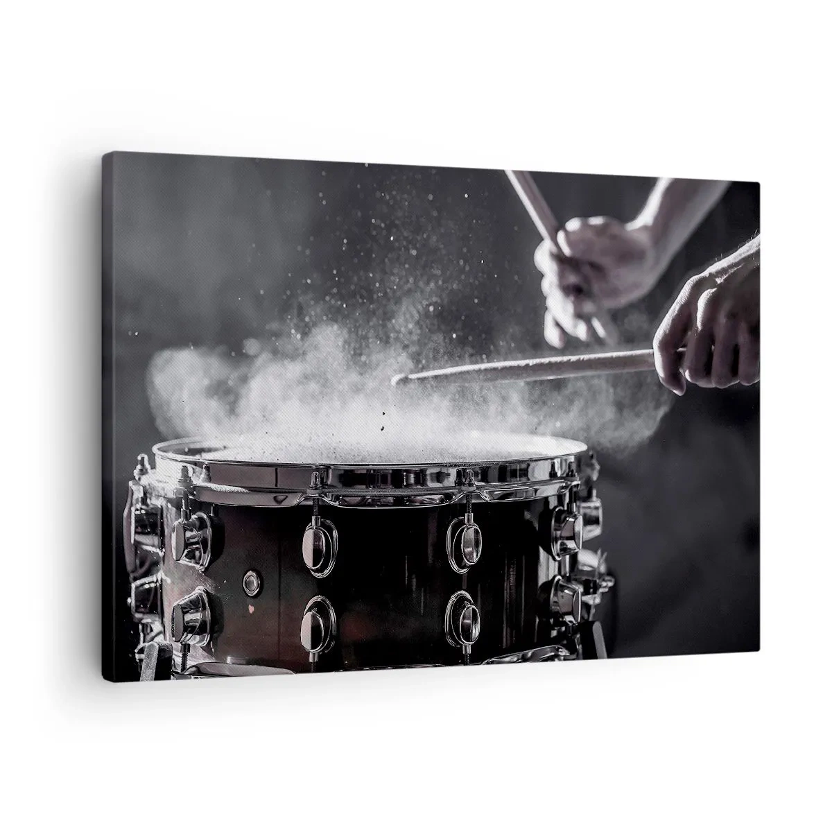 Lærredstryk - Billede på lærred - Slå på lilletrommen med pinde med støveffekt - 70x50cm - Musikkens puls - Moderne vægdekoration til stue og soveværelse ARTTOR
