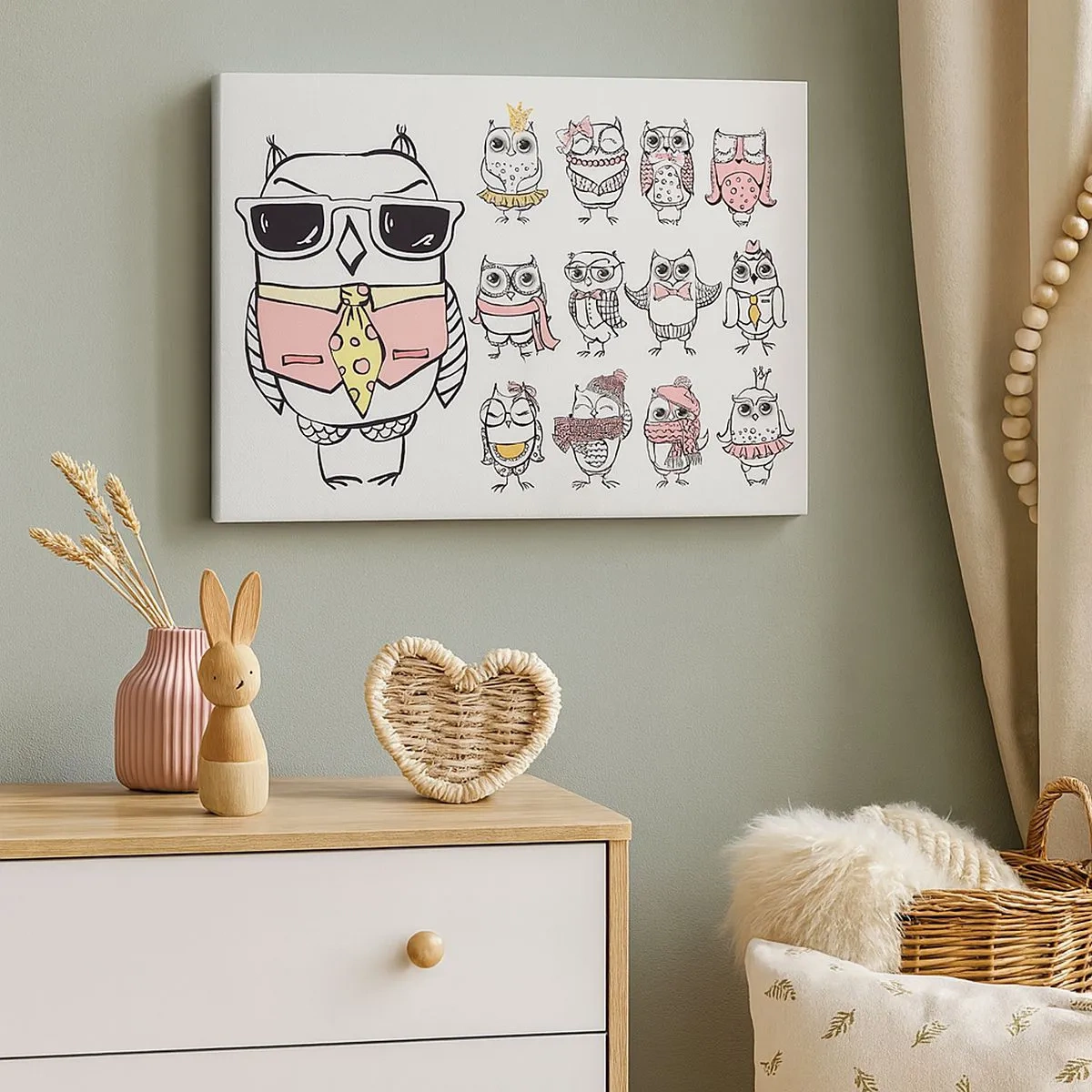 Lærredstryk - Billede på lærred - Ugler i forskellige stilarter og tøj - 70x50cm - Så mange roller at spille - Moderne vægdekoration til stue og soveværelse ARTTOR