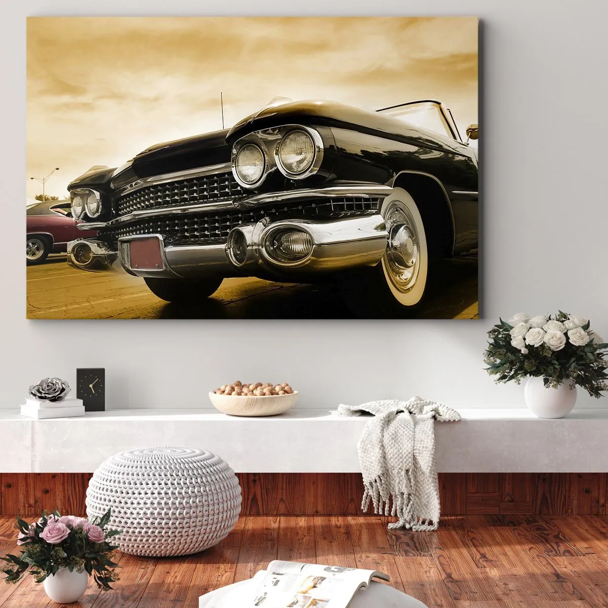 Lærredstryk - Billede på lærred - En veteranbil med et retro-look og kromdetaljer. - 70x50cm - Klassikere forsvinder aldrig - Moderne vægdekoration til stue og soveværelse ARTTOR
