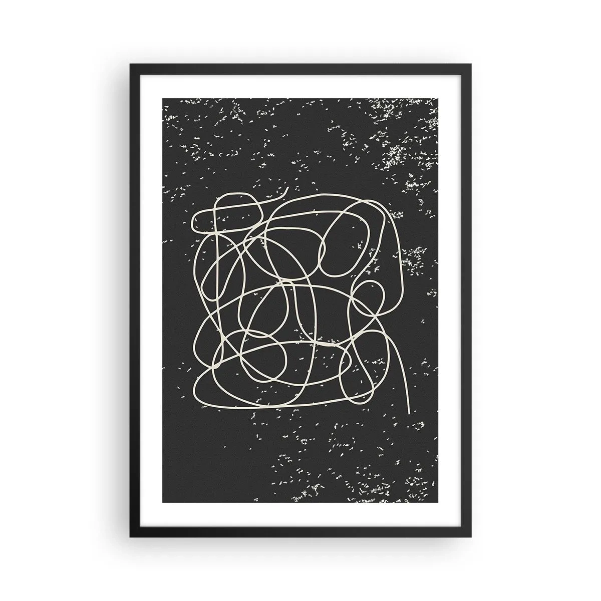 Plakat i sort ramme - Kaotiske linjer på en sort baggrund med hvide prikker - 50x70cm - Vandrende tanker - Moderne vægdekoration til stue og soveværelse ARTTOR
