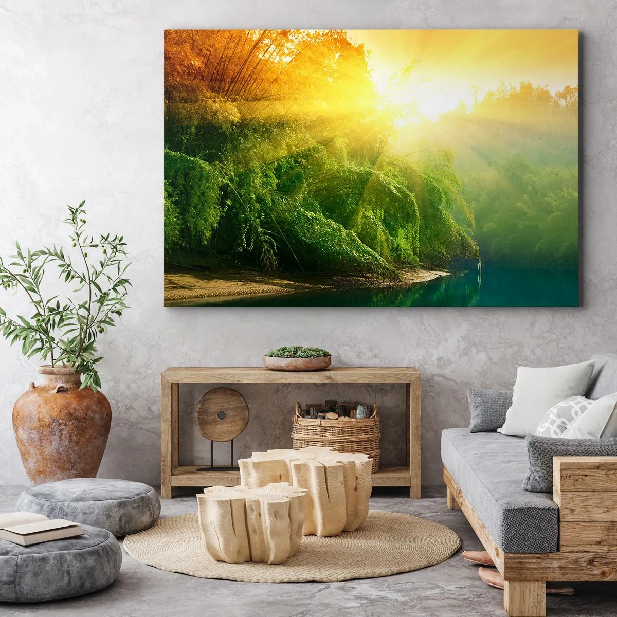 Lærredstryk - Billede på lærred - En grøn skov ved floden, oplyst af den opgående sols stråler - 70x50cm - Drukner i sol og skygge - Moderne vægdekoration til stue og soveværelse ARTTOR