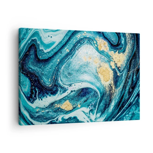 Lærredstryk - Billede på lærred - En abstrakt komposition af bølger og gyldne accenter - 70x50cm - Blå boblebad - Moderne vægdekoration til stue og soveværelse ARTTOR