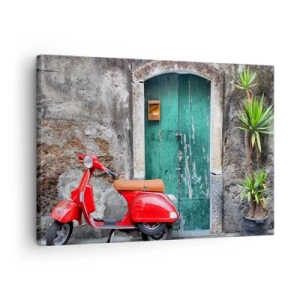 Lærredstryk - Billede på lærred - Rød scooter ved den grønne dør - 70x50cm - Italiensk ferie - Moderne vægdekoration til stue og soveværelse ARTTOR