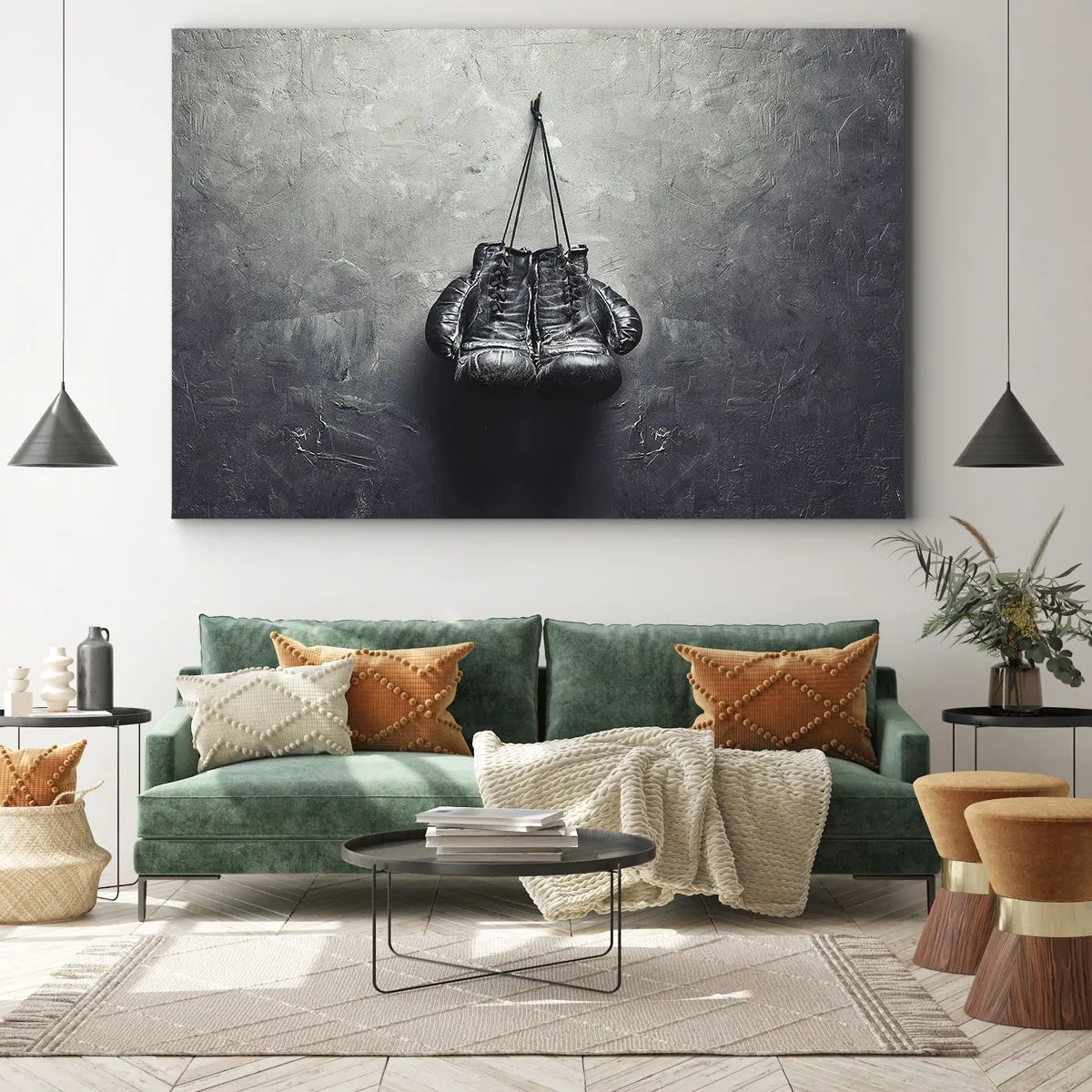 Lærredstryk - Billede på lærred - Gamle boksehandsker mod væggen - 70x50cm - En tid med kamp og en tid med fred - Moderne vægdekoration til stue og soveværelse ARTTOR