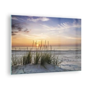 Billede på glas - Solnedgang over en græsklædt strand - 70x50cm - Se, tænk, føl - Moderne vægdekoration til stue og soveværelse ARTTOR