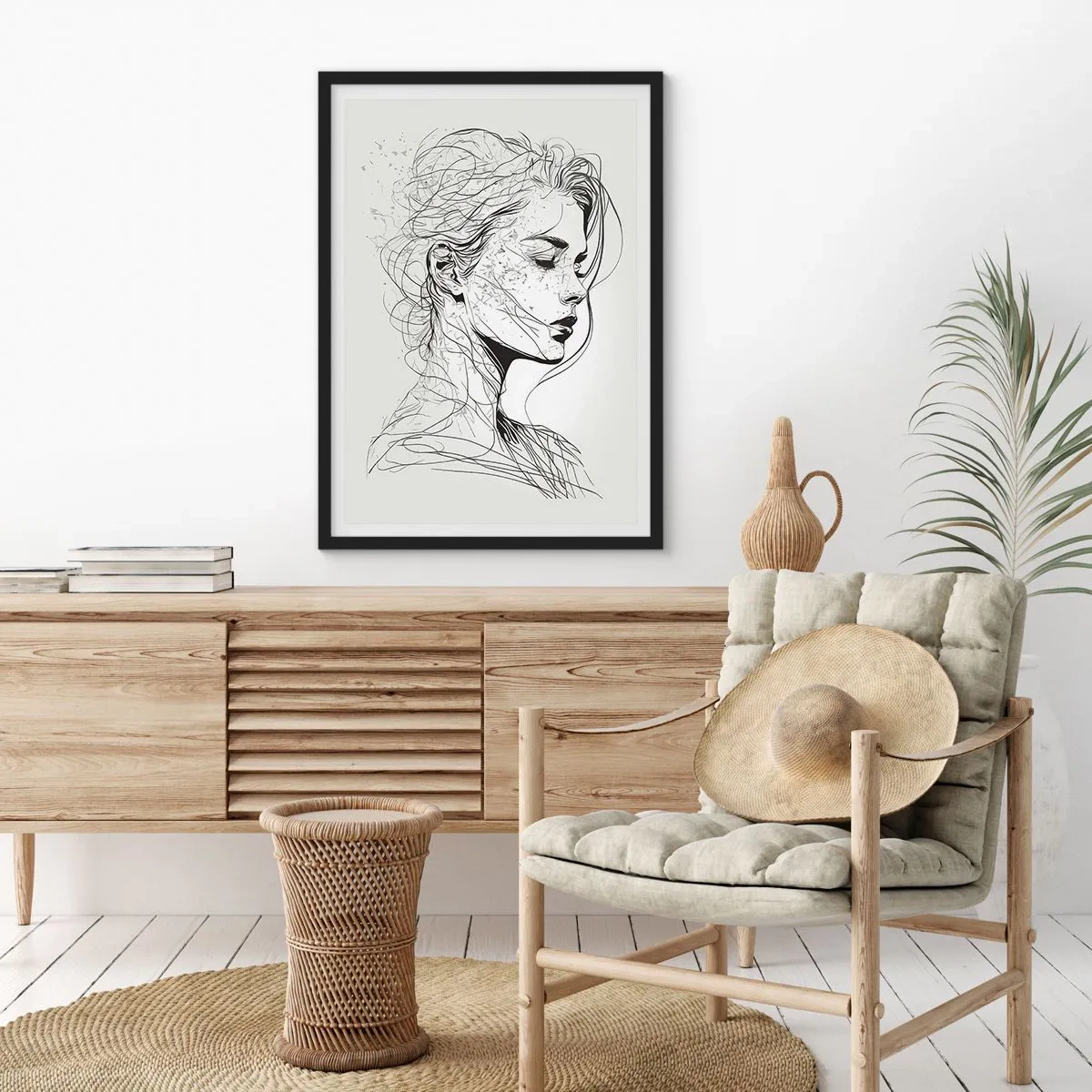 Plakat i sort ramme - En skitse af en kvinde med flagrende hår, skabt i minimalistisk stil. - 50x70cm - Portræt i drømmeri - Moderne vægdekoration til stue og soveværelse ARTTOR