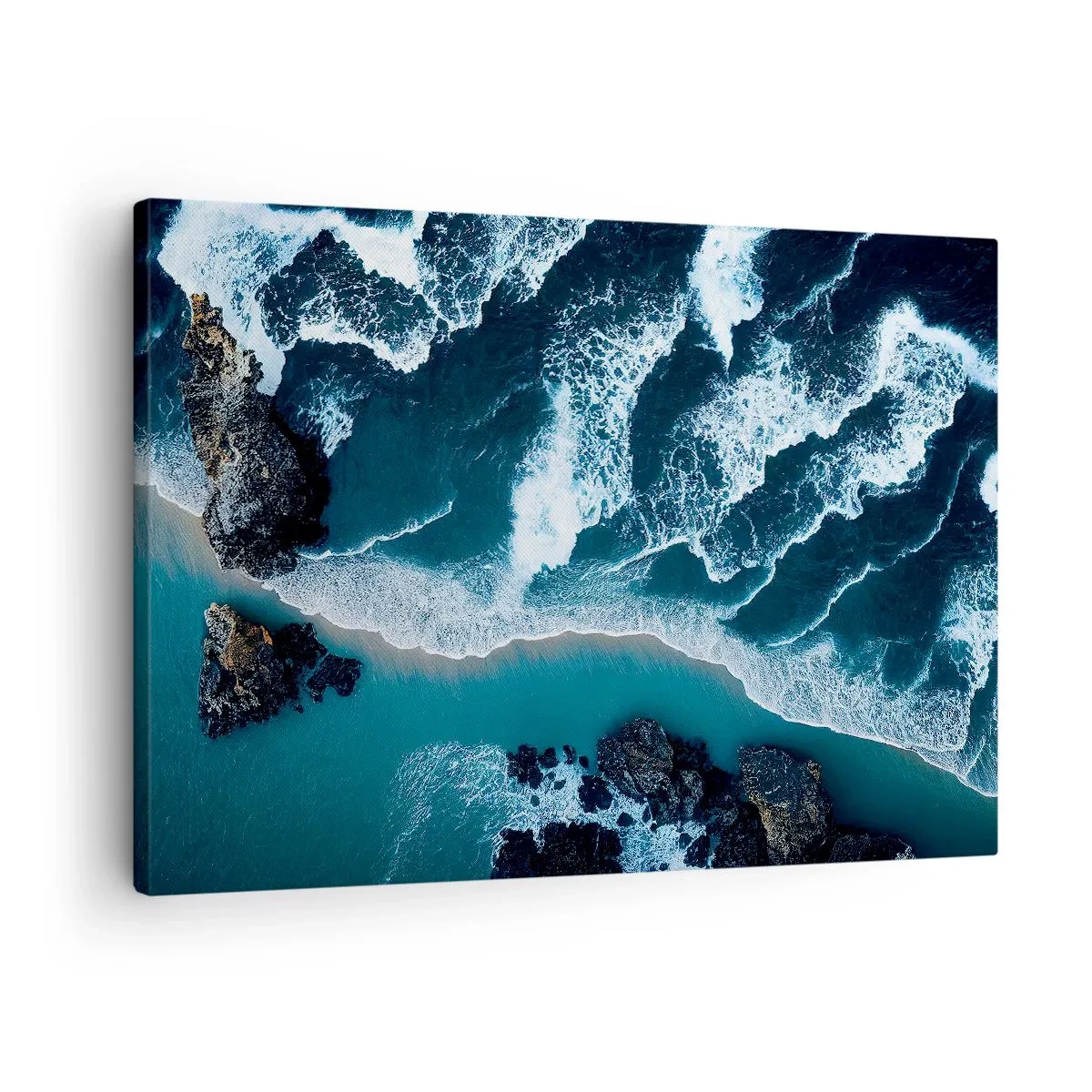 Lærredstryk - Billede på lærred - Luftfoto af bølger, der slår mod kysten - 70x50cm - Svøbt i bølger - Moderne vægdekoration til stue og soveværelse ARTTOR